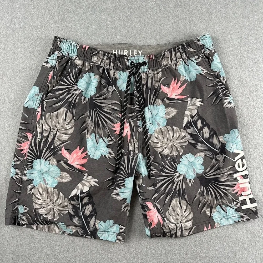 Hurley Mens XXL Tropical Floral Board Shorts Gray Teal Pink Swim Trunks Hawaiian